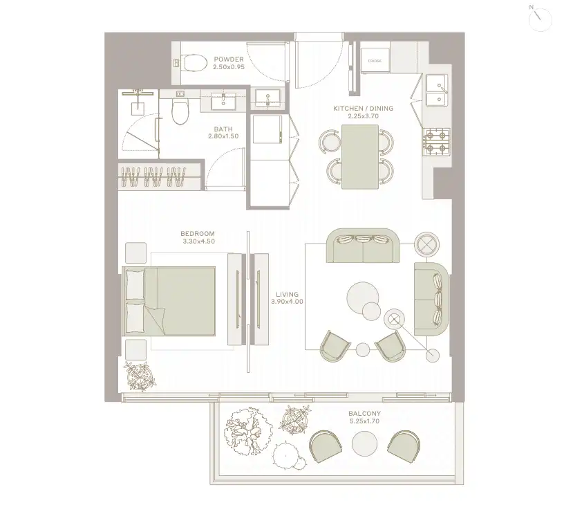 Corner 1 bedroom floor plan at Elm ParkFive